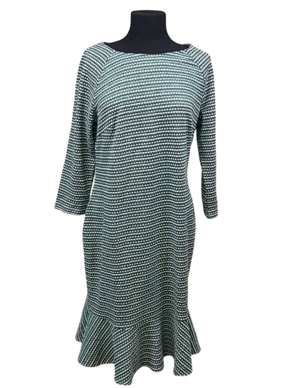 ECI New York Textured Knit Flounce Hem Dress Green Black XL